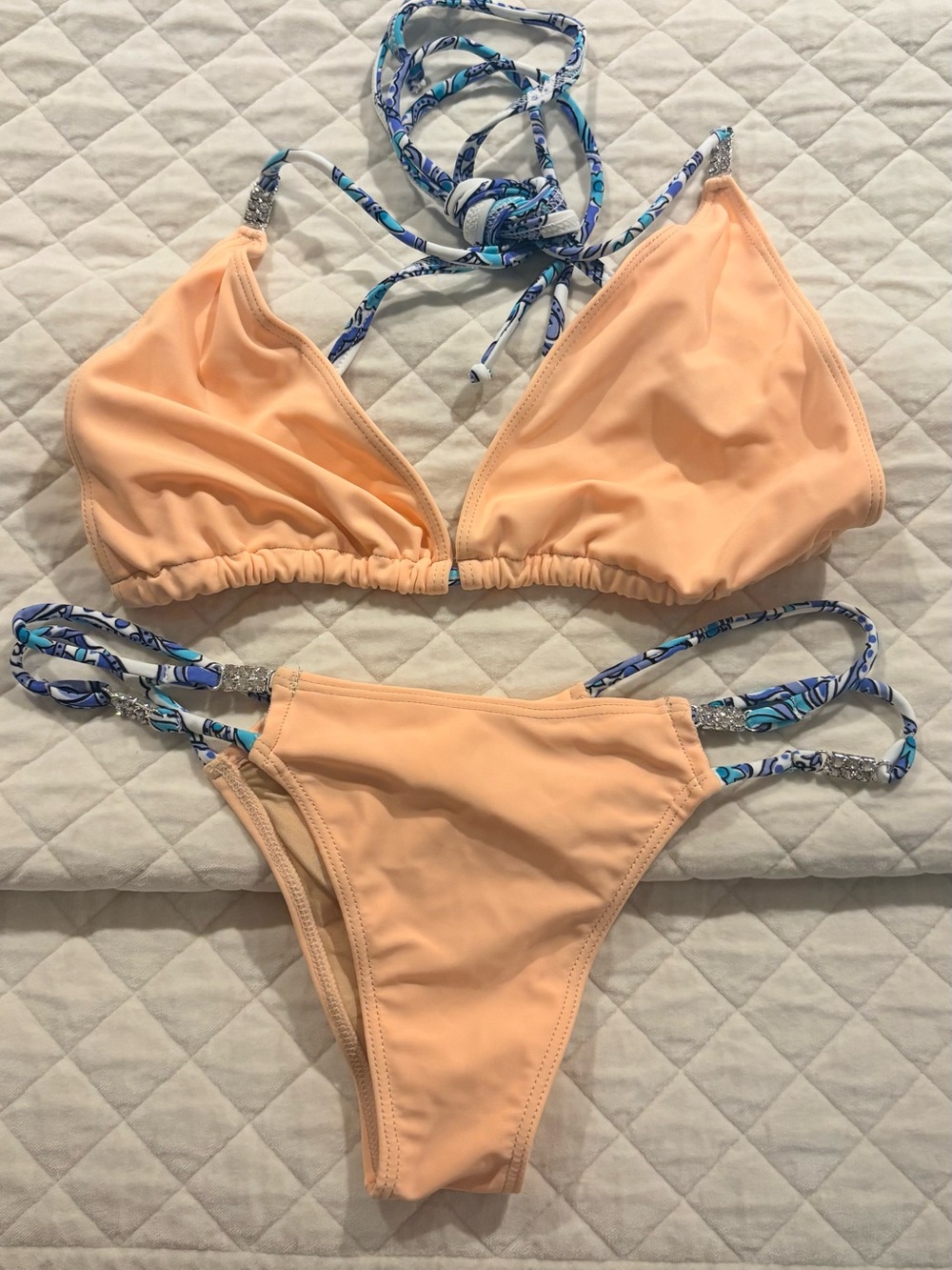 Peach Triangle Bikini Set with Patterned Straps